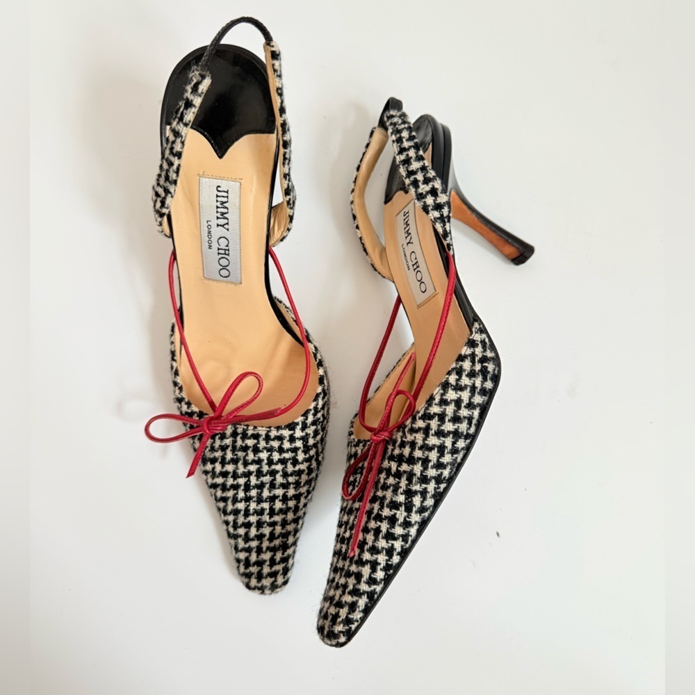 Jimmy Choo Vintage Black White Houndstooth Wool Red Dainty Ribbon Pumps EU 37
